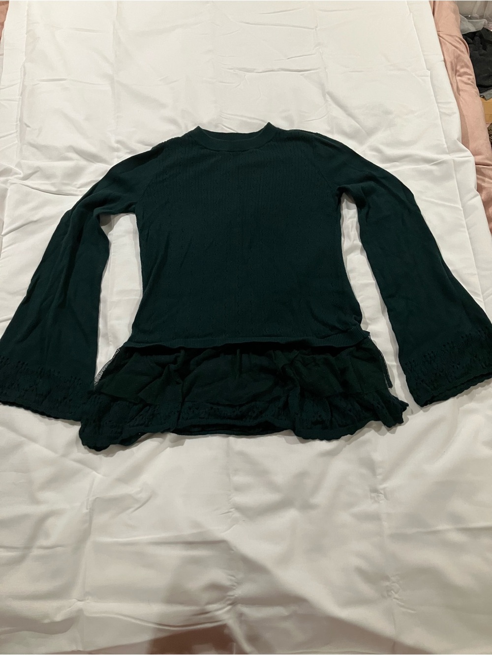 LC Lauren Conrad Dark Green Ruffle-Hem Long Sleeve Top